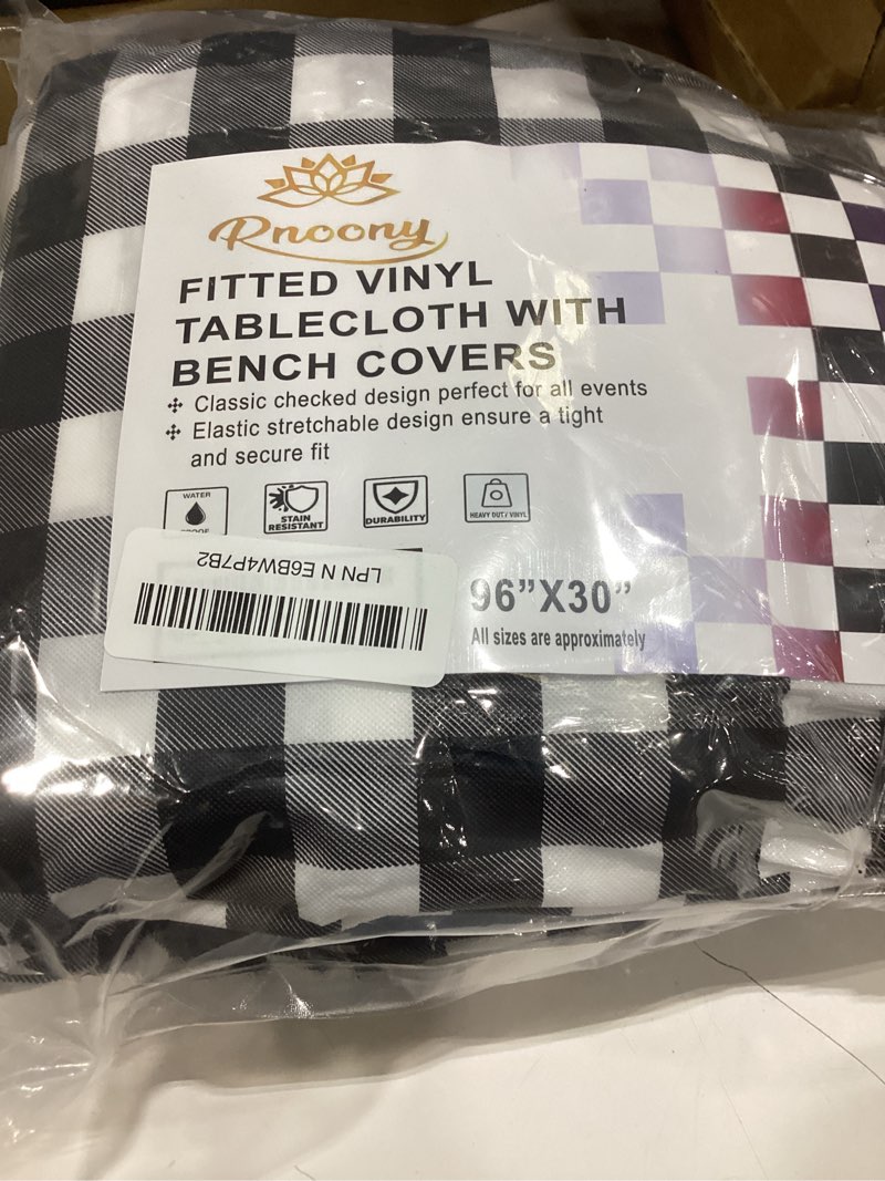 Condition photo showing Good Condition for rnoony vinyl fitted picnic table cover with bench covers and bag,8ft outdoor waterproof picnic tablecloth with elastic edges, 96x30 inches 3 pcs set (black checkered) black(checkered) 96.0 inches