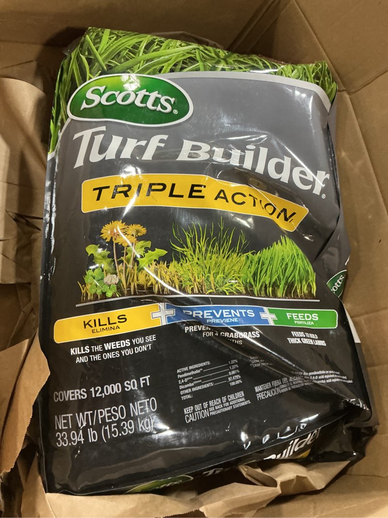 Condition photo showing New/Like New for scotts turf builder triple action1 - weed control, lawn weed killer, crabgrass preventer, and grass fertilizer for lawns, covers 12,000 sq. ft., 33.94 lb.