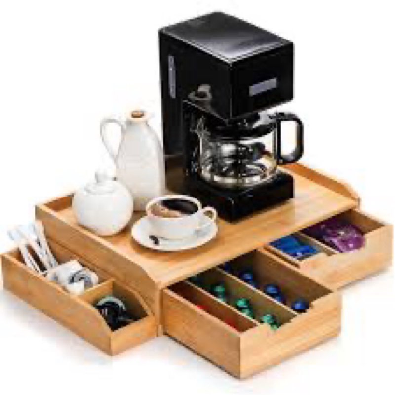 bamboo drawer organizer for coffee pod, k cup organizer for counter, tea bag storage organizer with drawer and side storage box for kitchen office coffee bar