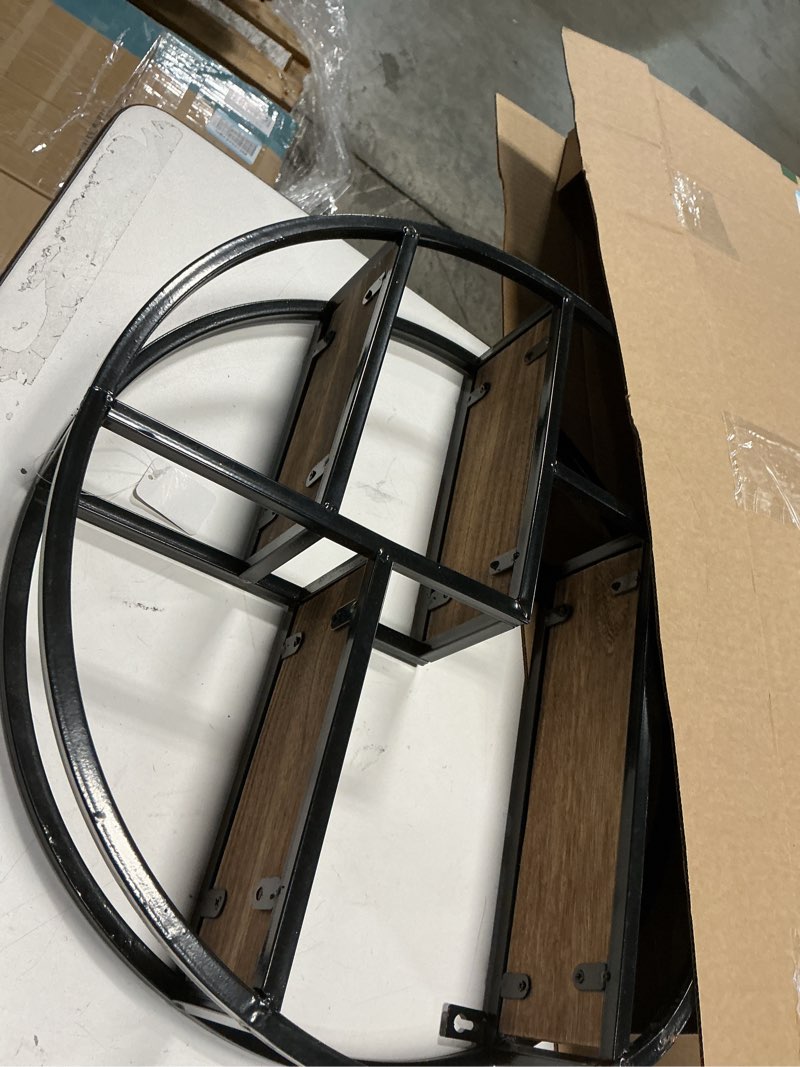 Condition photo showing As Is for Admired By Nature, 18" Mounted Iron Circle Hanging Storage Shelving Floating Shelf 4 Tier Floating Circular Wall Decor Round Decorative Hanging Shelves, Sphere Shape Wall Shelf For Home, Black, 1 unit Brown Wooden Round Small