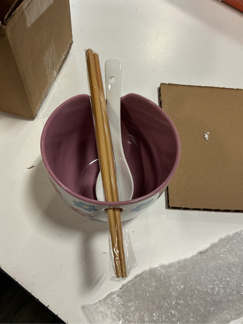 Condition photo showing Good Condition for get trend bluey ceramic ramen bowl 3 pc set with bamboo chopsticks, spoon for kids teens adults, 20oz noodle bowl, microwave safe, gifts for kids (multi bluey)