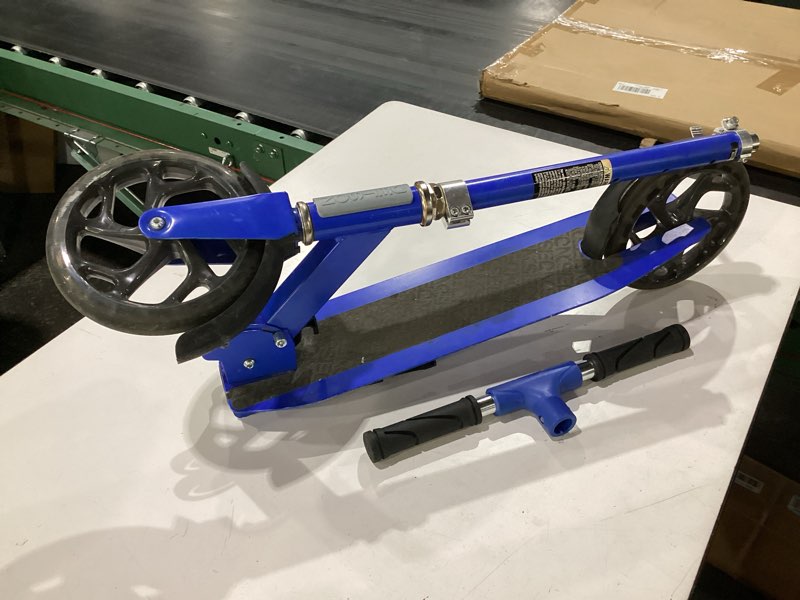 Condition photo showing As Is for scooter for kids ages 6+, teens & adults, max load 240 lbs, foldable kick scooter with 8-inch big wheels, kickstand, 3 adjustable levels, rear brake, sky-blue