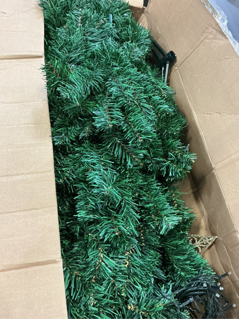 Condition photo showing As Is for 7ft pre-lit artificial christmas tree with lights, fake green xmas tree with 1096 hinged branch tips, 300 led warm white incandescent lights & foldable metal stand for holiday