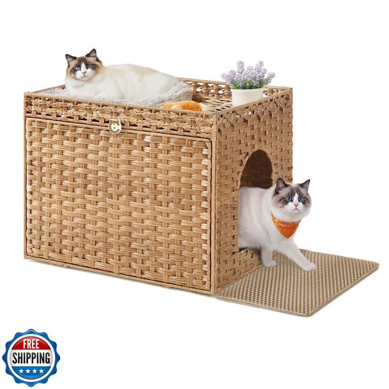 Feandrea Cat Litter Box Enclosure, Handwoven Rattan Hidden Litter Box Furnitu