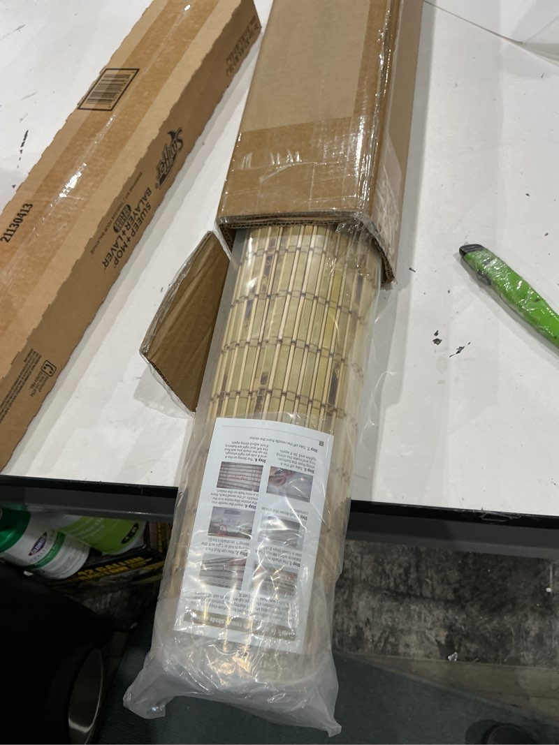 Condition photo showing New/Like New for cordless wood window blinds, bamboo sheer light filtering woven roman shades, tiger wood, 30.5" w x 48" h 30.5"w x 48"h camel
