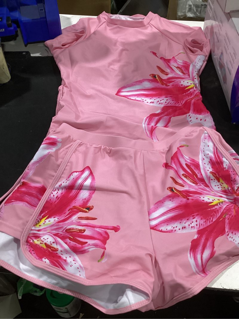 Condition photo showing Good Condition for (size 13-14y girls) agapeng girls swimsuit two piece short sleeve rash guard floral print ruched girls bathing suit upf 50+ swimwear for 9-16y 13-14 years pink floral