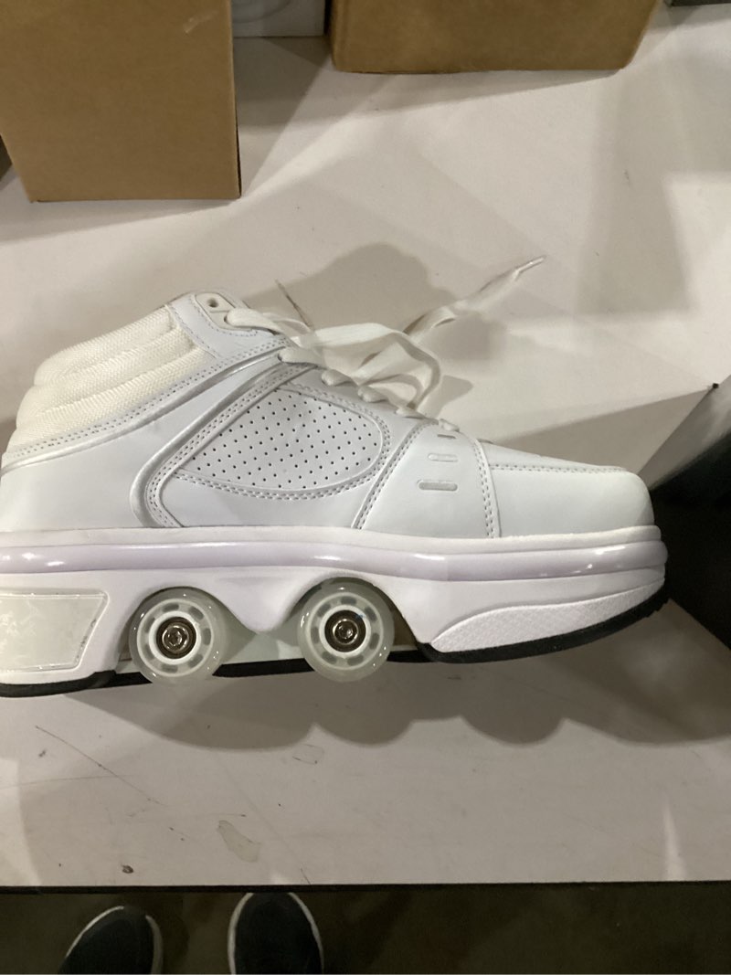 Condition photo showing New/Like New for 2-in-1 Roller Skates & Sneakers Unisex Retractable Wheels Outdoor Fun & Fitness Kick Roller Shoes 8.5 White Without Light