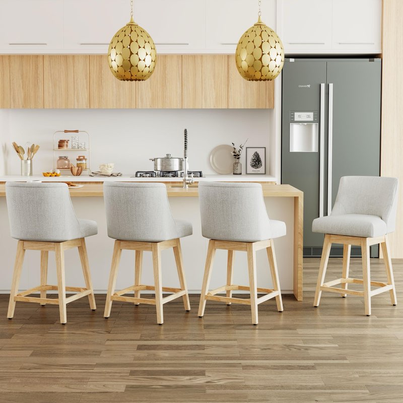 counter height bar stools set of2 , modern swivel barstools with back and wood legs, fabric upholste