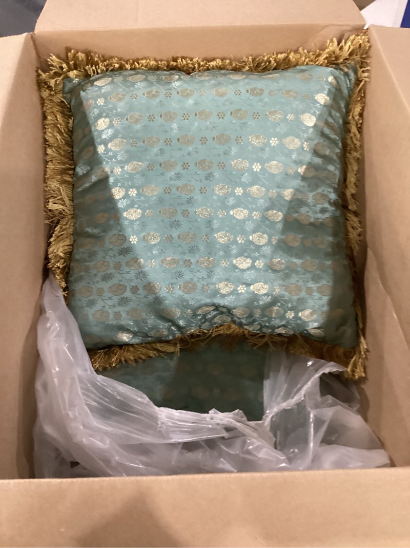 Condition photo showing Good Condition for creative co-op jacquard square pillow with brocade pattern, blue & gold finish