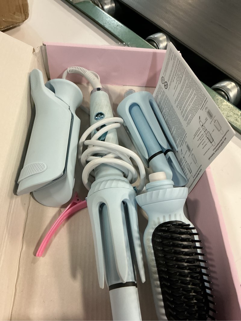 Condition photo showing As Is for 5-in-1 hair styling tool with 1.25" hair crimper and waver, 1" & 1.25" automatic curlers, straightener brush & volumizing crimper – travel-friendly hair tool
