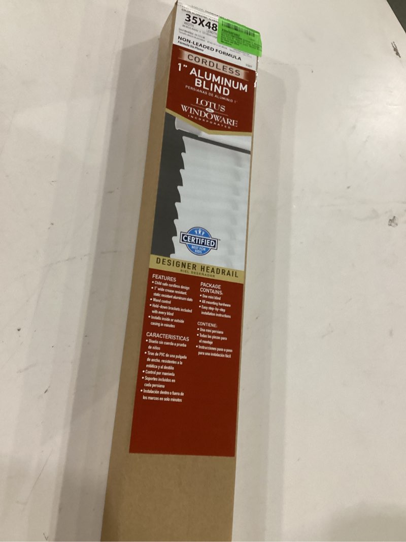Condition photo showing New/Like New for LOTUS & WINDOWARE Cordless 1" Aluminum Mini Blind 35" Wide x 48" Long, Alabaster, Room Darkening Met