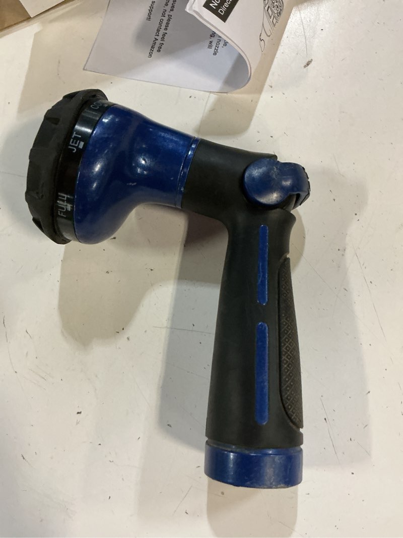Condition photo showing As Is for fanhao garden hose nozzle 100% heavy duty metal water hose sprayer with 8 spray patterns, high pressure spray nozzle with thumb control, on off valve for watering plants, washing cars & pets, blue