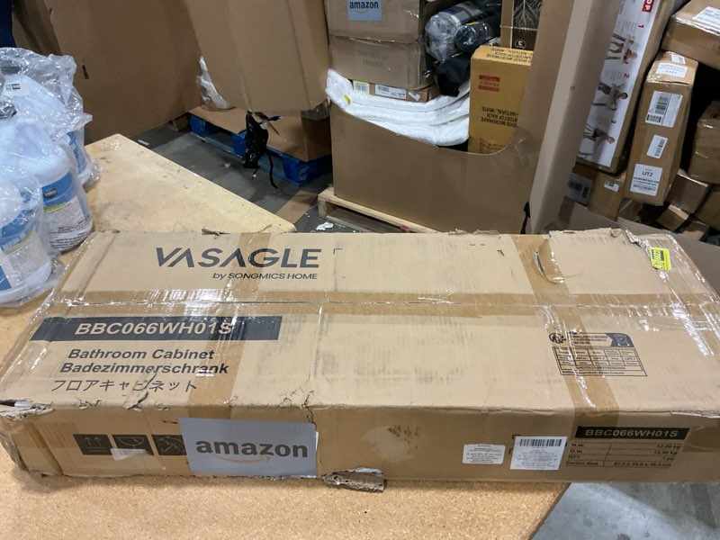 Condition photo showing New/Like New for vasagle bathroom floor cabinet, bathroom storage cabinet, freestanding, with double shutter doors and adjustable shelf, for bathroom, living room, entryway, kitchen, white ubbc40wt