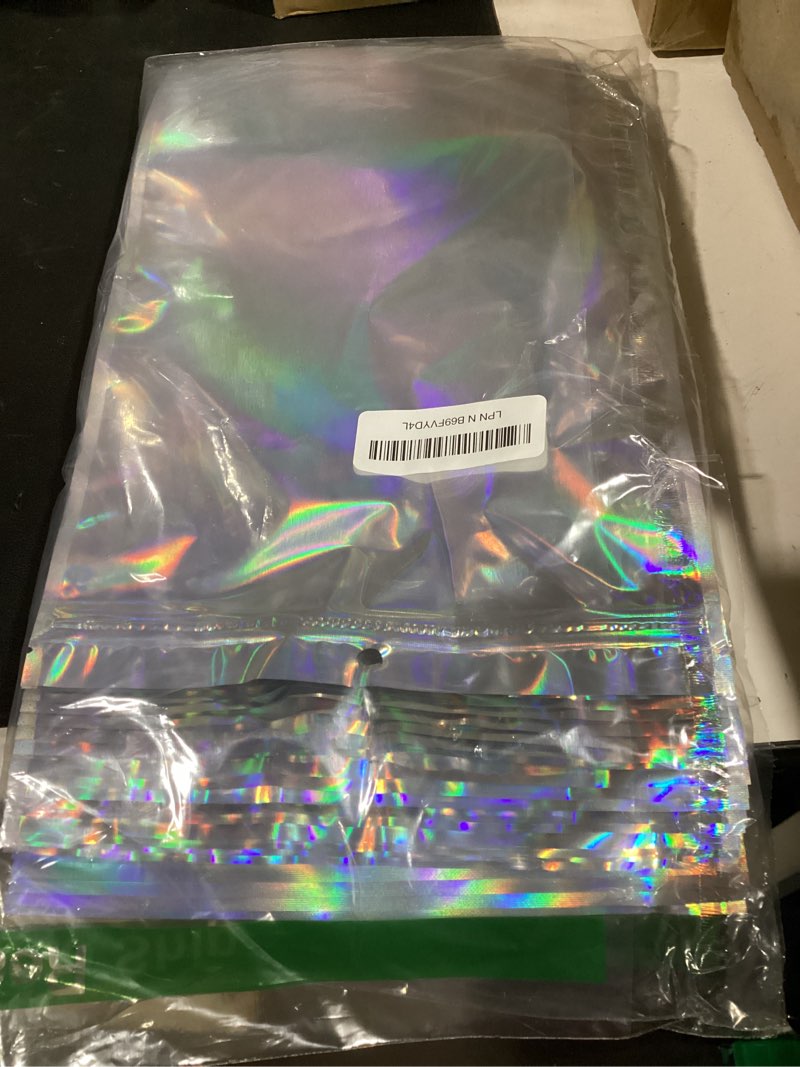 Condition photo showing As Is for 50pcs holographic mylar bags 8x12 inch, resealable foil zip pouch smell proof baggies for packaging products samples food storage