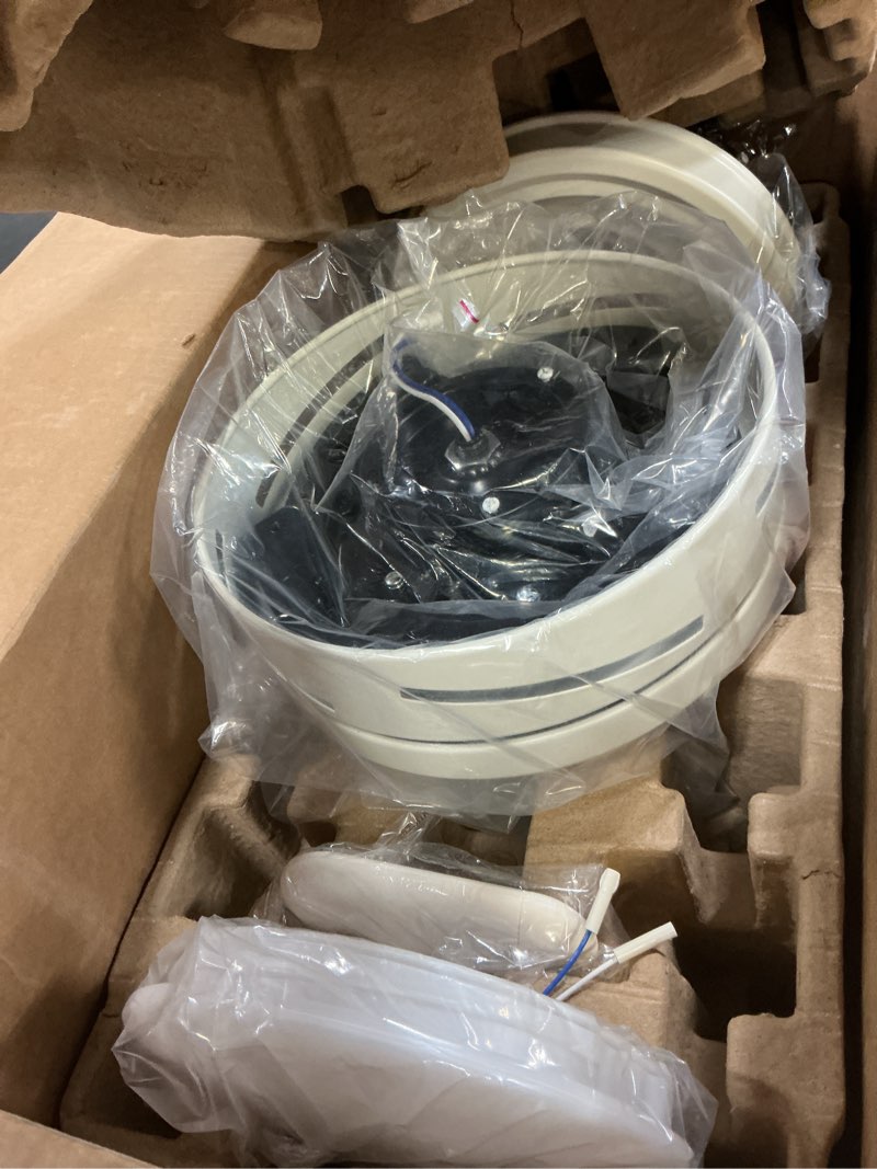 Condition photo showing As Is for harbor breeze calverton 52-in white with white/driftwood blades color-changing indoor flush mount ceiling fan with light and remote (5-blade)