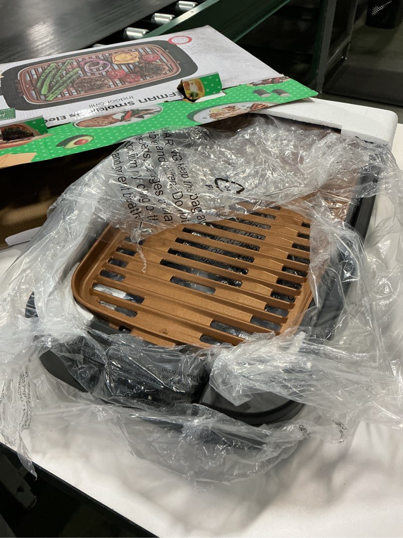 Condition photo showing New/Like New for Chefman Smokeless Indoor Electric Grill, Copper, Extra Large, Nonstick Table Top Grill for Indoor Grilling and BBQ with Adjustable Temperature Control, Nonstick Dishwasher-Safe Parts, 9" x 15"