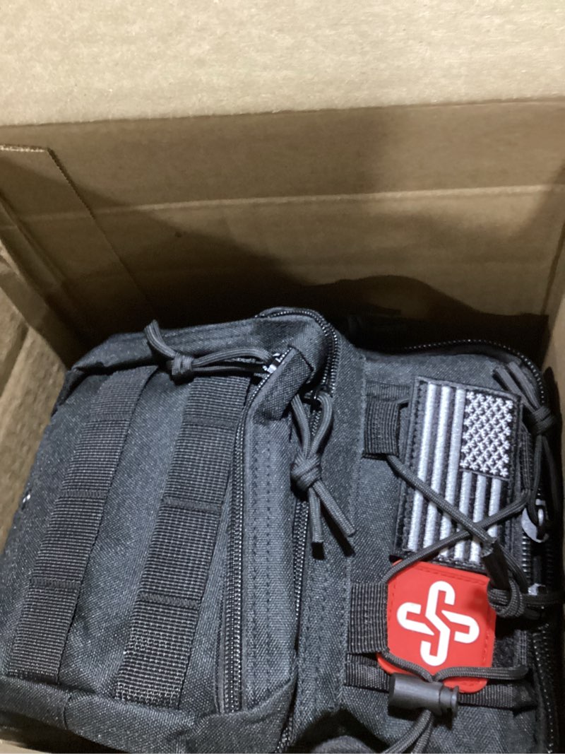Condition photo showing As Is for survival kit, 262pcs survival gear and supplies with first aid kit pouch and crossbody bag, emergency kit with tent, camping axe hammer, survival shovel w/pick, bug out bag gifts for men women black