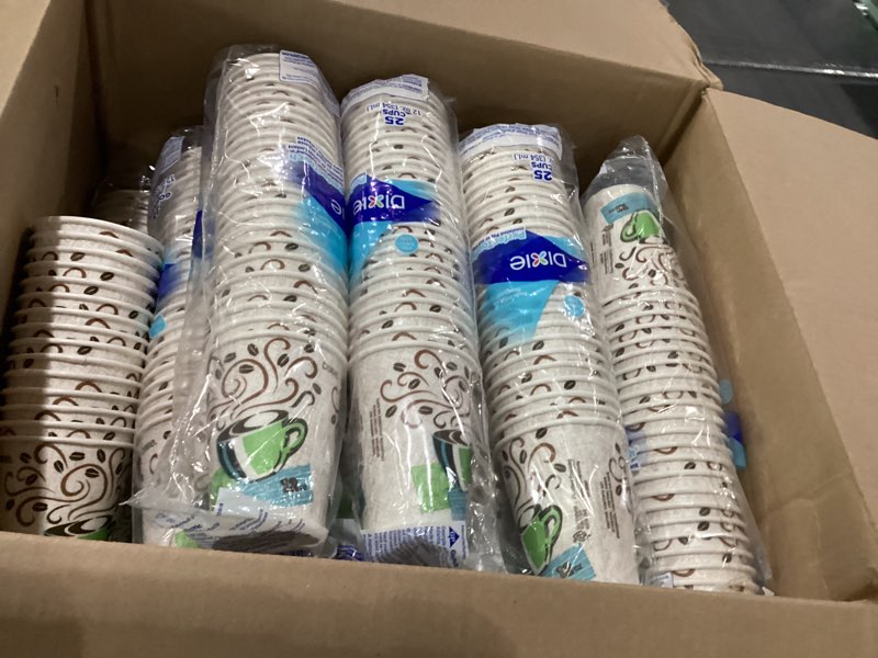 Condition photo showing As Is for dixie perfectouch 12 oz paper coffee cups by gp pro, coffee haze design, 500 count (25 disposable cups per sleeve, 20 sleeves per case), 5342dx 12 oz 500