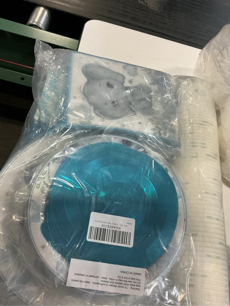 Condition photo showing New/Like New for xynic 356pcs elephant baby shower decorations complete tableware set, for 25 guests, blue elephant baby shower decoration boy, includes disposable plates and napkins, banner, tablecloth 50 guests