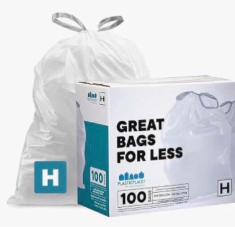 plasticplace custom fit trash bags, compatible with simplehuman code j packs, white drawstring garbage liners 10-10.5 gallon, 21'' x 28'' (20 count/5 pack) 100 count/ 5 packs of 20