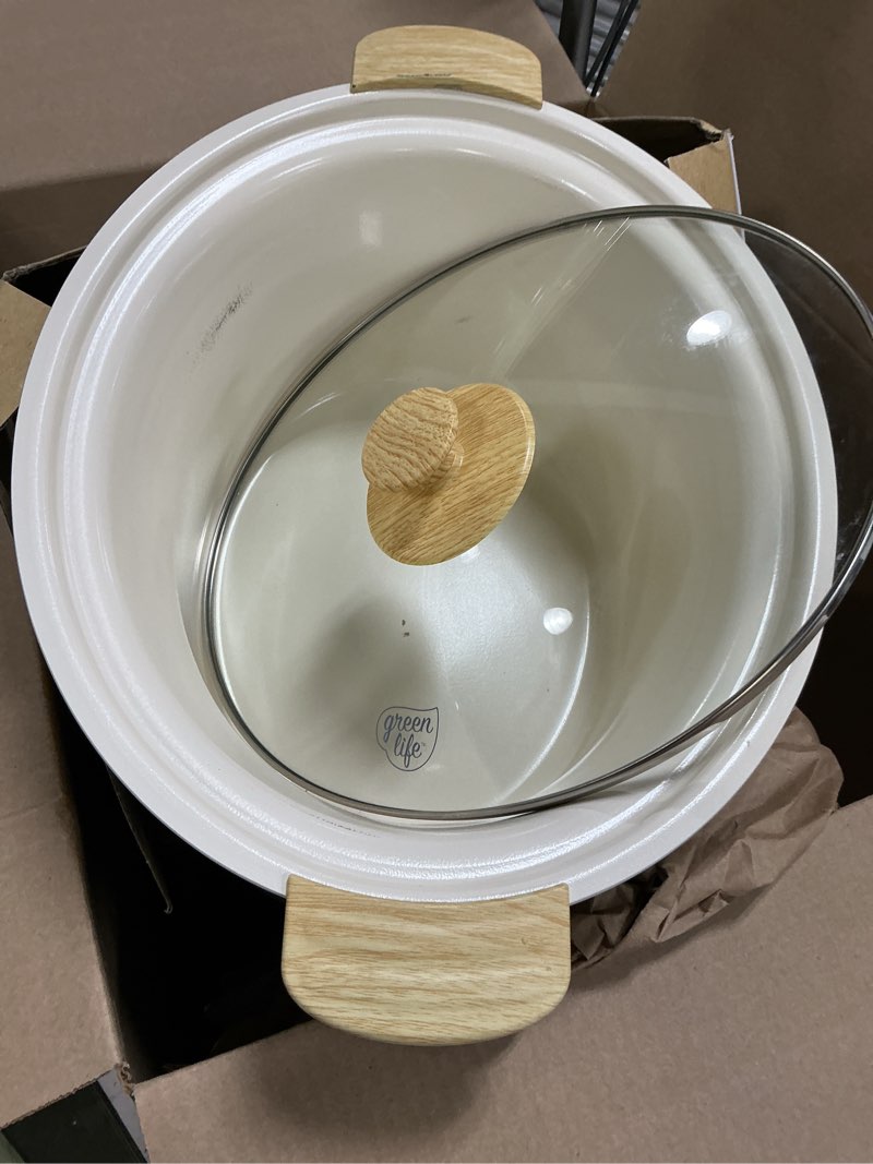 Condition photo showing Good Condition for greenlife 6qt slow cooker, non-toxic pfas-free ceramic nonstick removable interior bowl, programmable, family friendly, keep warm, stovetop & oven safe, dishwasher safe crock, timer, glass lid, gray 6 quarts gray
