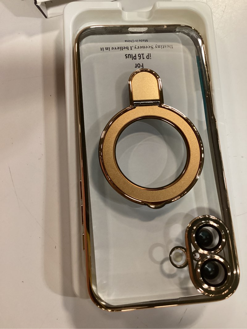 Condition photo showing New/Like New for compatible with iphone 16 plus case with invisible magnetic ring stand [compatible with mag-safe] [full camera lens protector] plating clear phone case for iphone 16 plus 6.7", gold