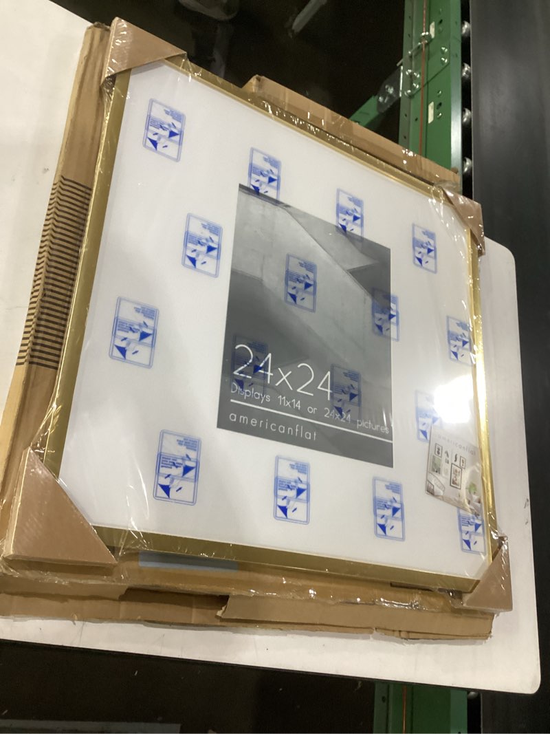 Condition photo showing Good Condition for americanflat 24x24 picture frame with polished plexiglass - use as 11x14 frame with mat or display 24x24 photo without mat - streamline collection - thin border square frames for wall display - gold gold 24x24 white mat