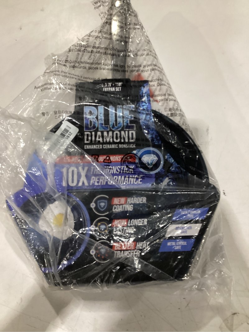 Condition photo showing Good Condition for blue diamond 2 piece nonstick frying pan set, 9.5” & 11" skillets, pfas-free ceramic, dishwasher & oven safe, stainless steel handle, durable metal utensil safe, egg & omelet pans, blue blue 9.5" and 11" frying pan skillet set