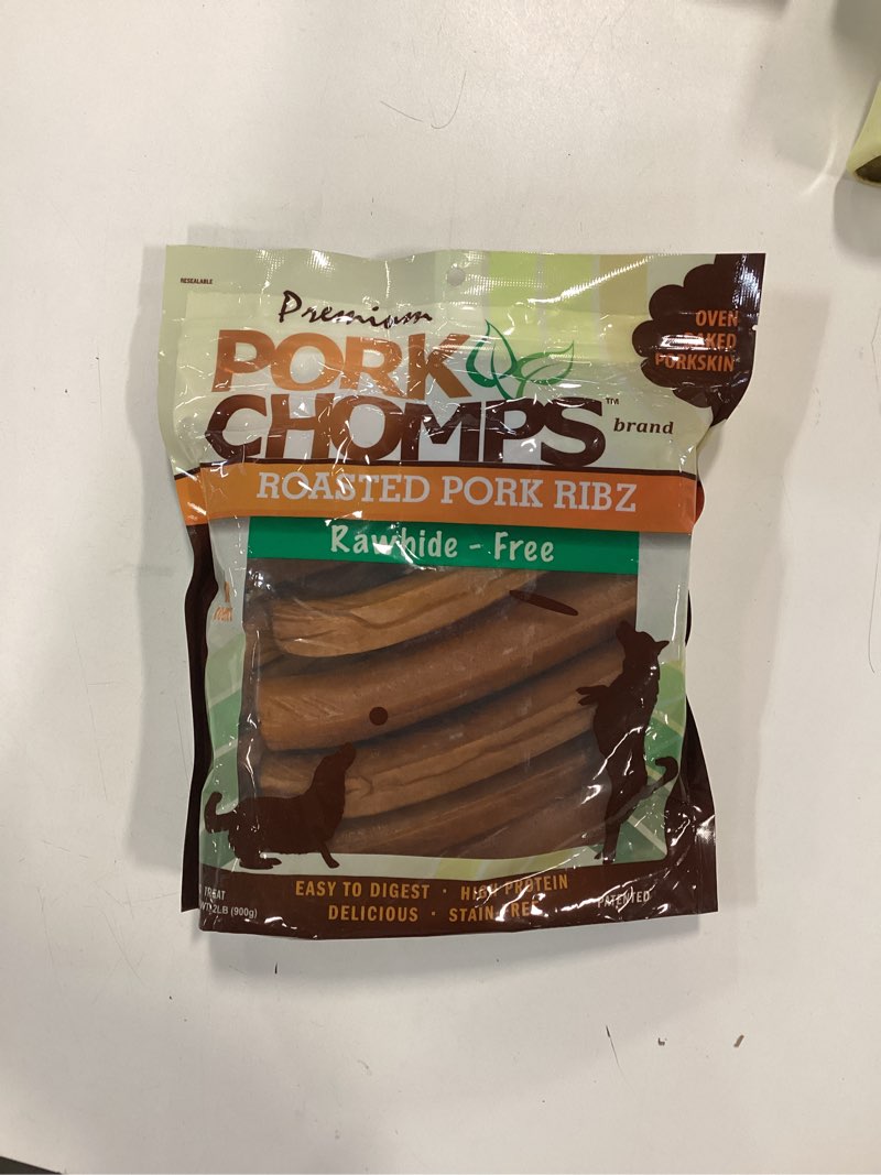 Condition photo showing New/Like New for (best by 09/09/2027) pork chomps roasted pork skin dog chews, 6-inch rib shapes, 10 count ribs (roasted pork) 2 pound (pack of 1)