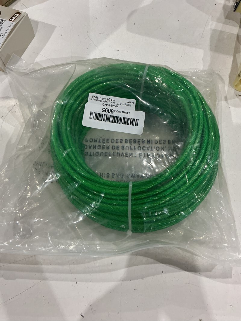 Condition photo showing New/Like New for 3/16" clothes line outdoors, 100ft green pvc coated steel cable clip clamp kit, multi-use guide wires for climbing grapevines plants/clothesline wire for t post/string light hanging kit 3/16in x 100ft 1
