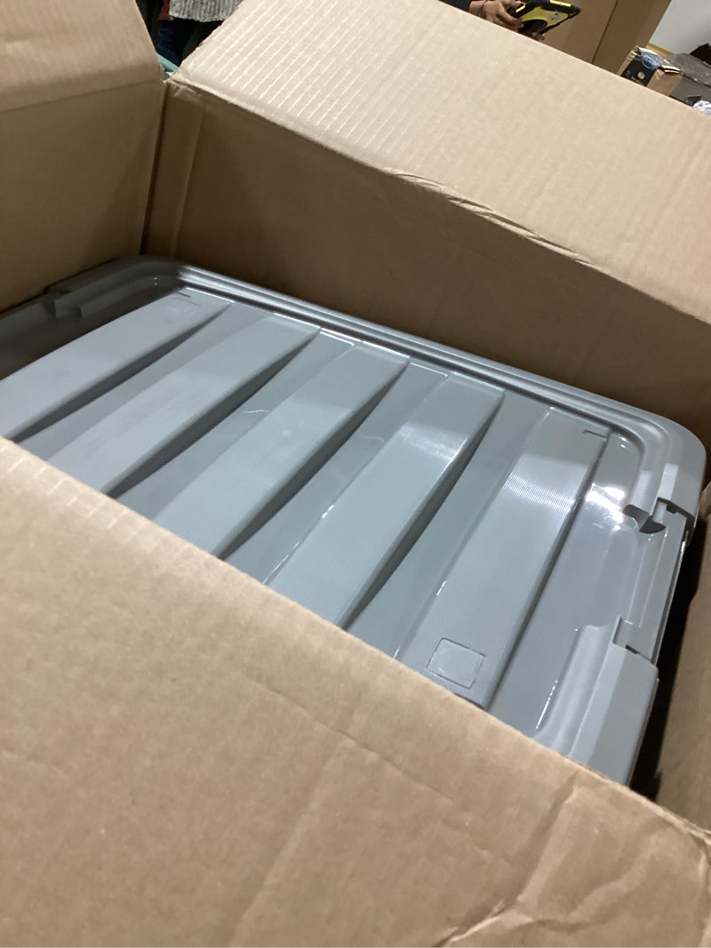 Condition photo showing As Is for Amazon Basics Plastic Storage Containers with Secure Latching Lids, Stackable Organization Bins, Clear/Grey, 32 Quart, Set of 6 32 Qt. - 6 Pack