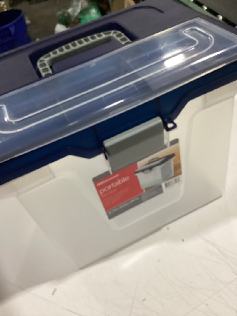 Condition photo showing As Is for office depot large mobile file box, letter size, 11 5/8in.h x 13 3/6in.w x 10in.d, clear/blue, 110988