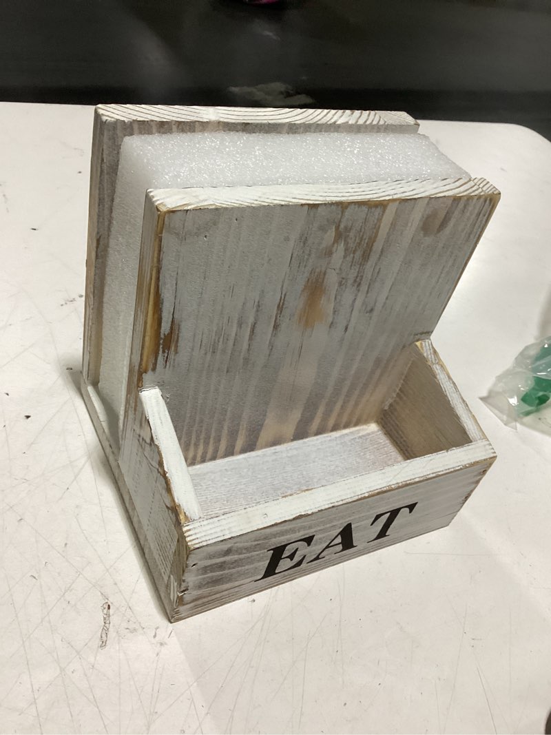 Condition photo showing Good Condition for MyGift Napkin Holder for Table, Wood Napkin Holder with Salt and Pepper Shakers Set, Condiment Caddy with Bold Black Printed EAT Design, Standing Paper Napkin Storage for Kitchen Dining Table Decor