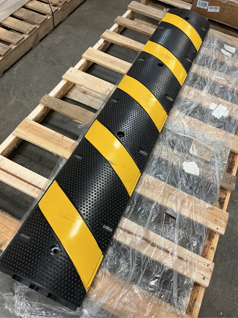 Condition photo showing As Is for vevor 6 ft/72'' rubber speed hump, 2 channel, 22000 lbs load capacity heavy duty traffic speed bump, with high reflective yellow strip 4 expansion screws and 1 drill, for asphalt concrete gravel roads 2 pack