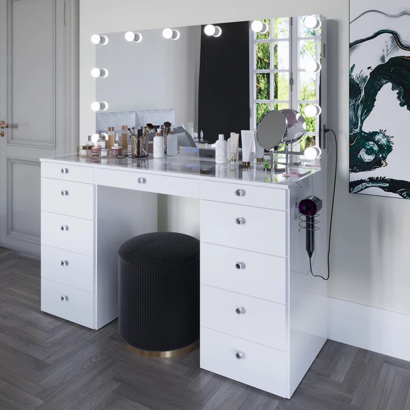 Boahaus Orla Makeup Vanity Table with Built-in Lights, USB Ports & Glass Top (Incomplete, Box 1/3 )