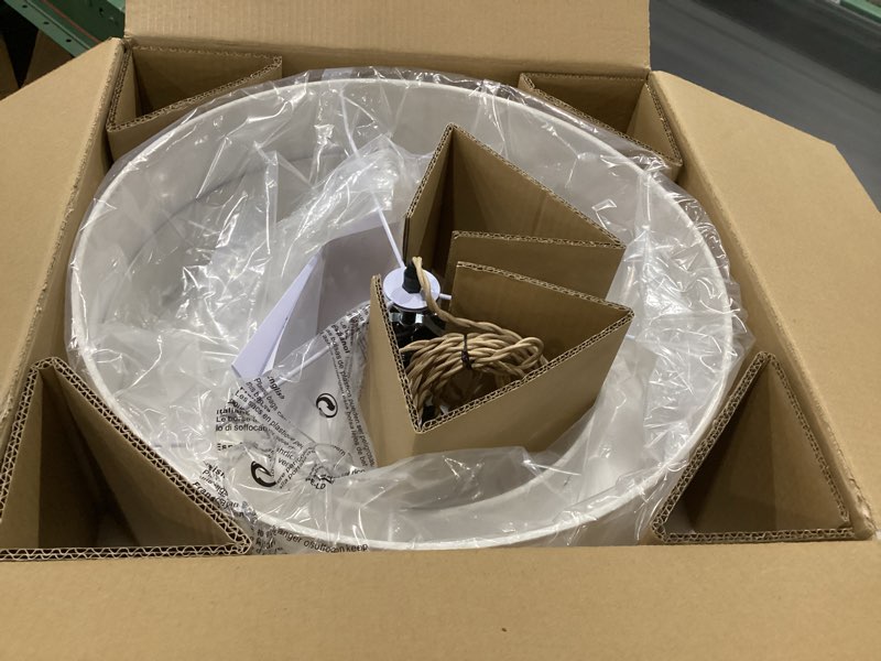 Condition photo showing New/Like New for Plug in Pendant Light, 2-Tier Drum Linen Pendant Lights with 15.7FT Handmade Woven Light Cord?17.7" Plug in Chandelier for Dining Room Kitchen Island and Bedroom Plug in Beige