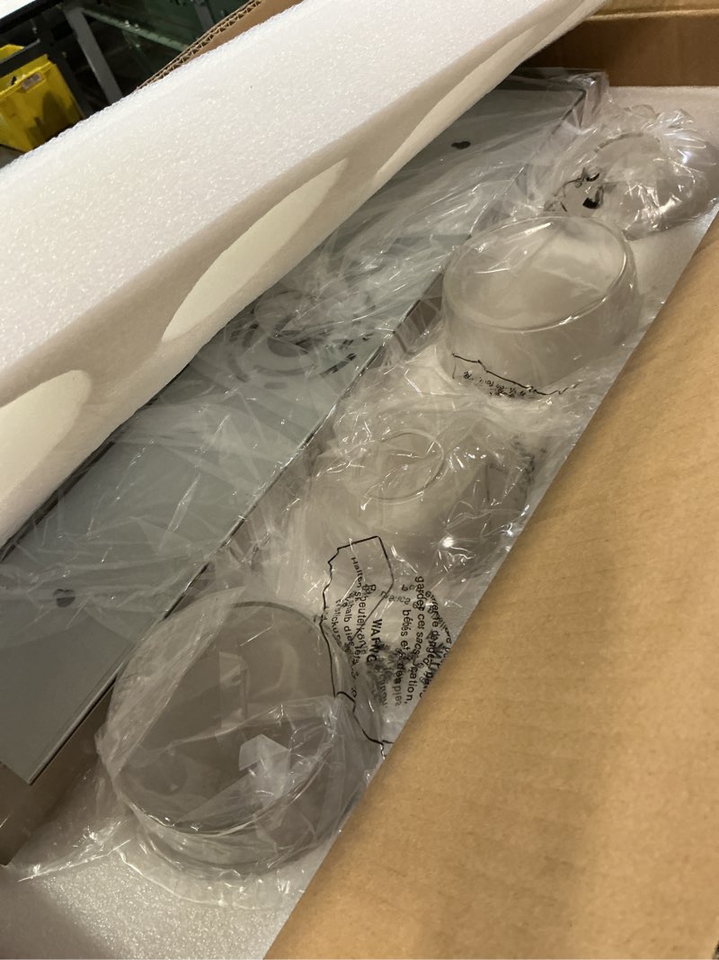 Condition photo showing Good Condition for bathroom light fixtures, 4-light modern vanity light with clear glass wine glass-shaped shade, vanity lighting fixtures over mirror, brushed nickel, vl155-bn-4 brushed nickel, wine glass shade 4-light