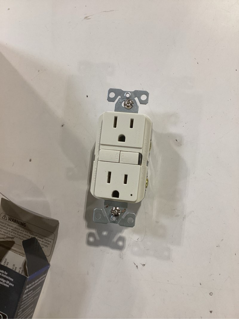 Condition photo showing As Is for eaton 15-amp 125-volt gfci residential decorator outlet, light almond