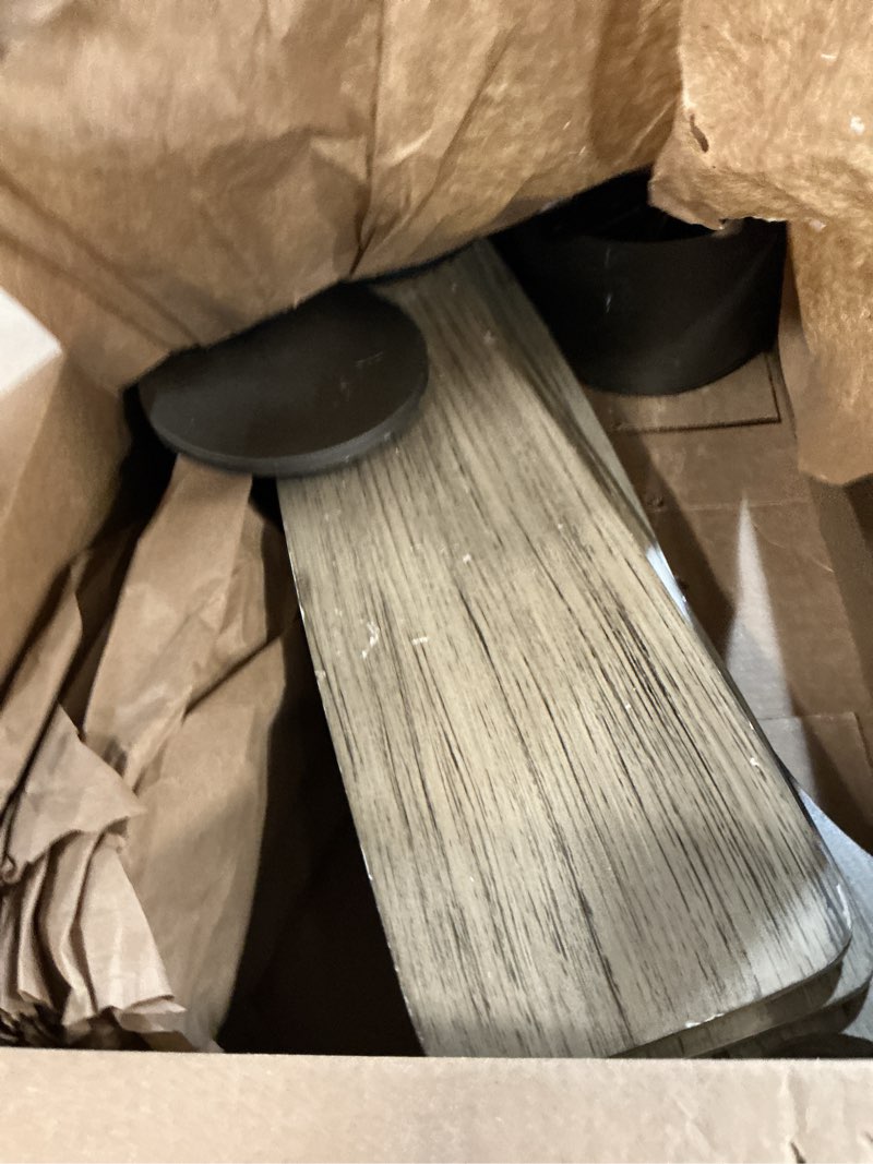 Condition photo showing As Is for wingbo 54 inch flush mount dc ceiling fan without lights, 4 reversible carved wood blades, 6-speed noiseless dc motor, hugger ceiling fan no lights in graphite finish with gray blades, etl listed graphite and gray 54"