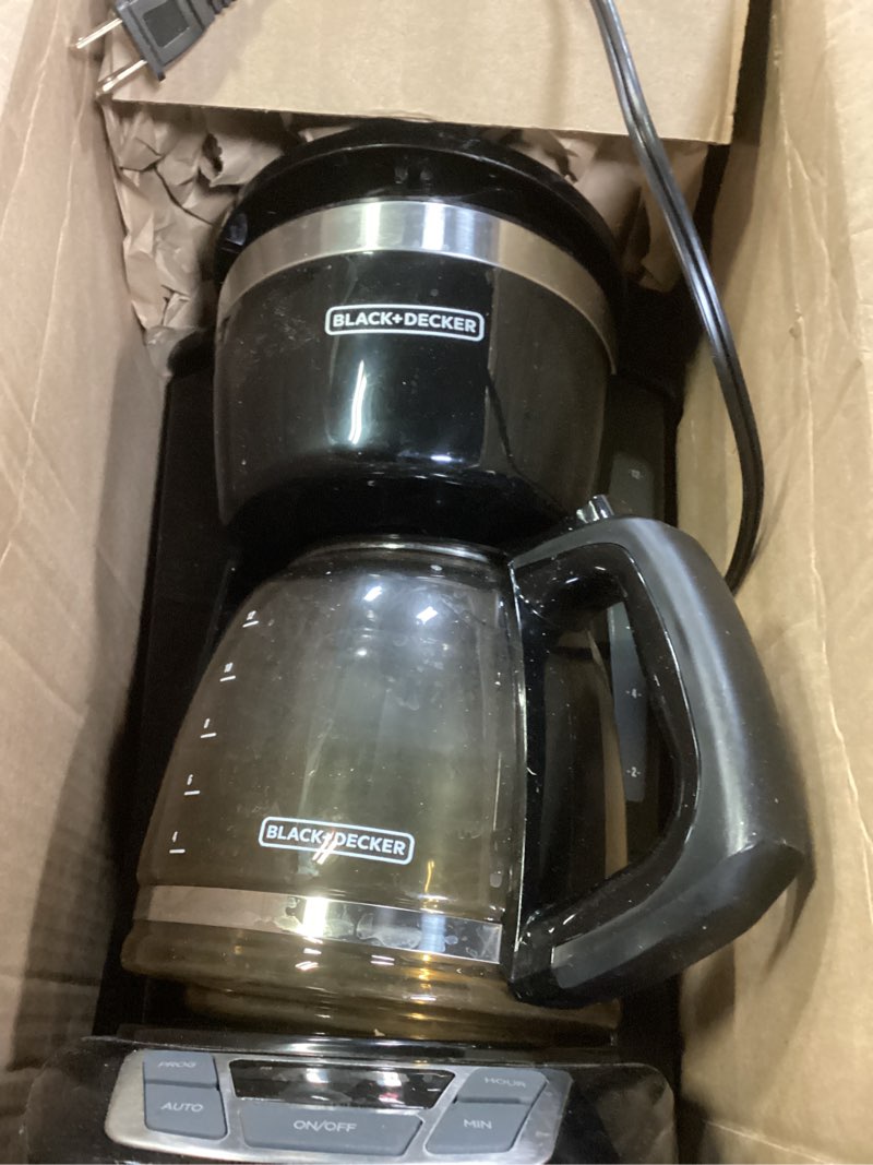 Condition photo showing As Is for black+decker 12-cup digital coffee maker, programmable, washable basket filter, sneak-a-cup, auto brew, water window, keep hot plate, black