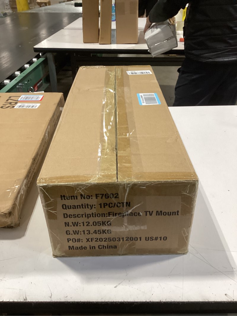 Condition photo showing New/Like New for pull down tv mount for fireplace, height adjustable for most 43-80 inch tvs, max vesa 600x400mm up to 80lbs, full motion articulating above mantle installation