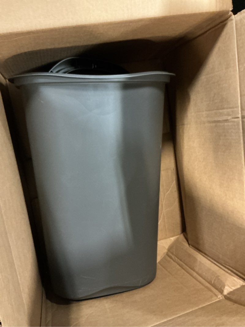 Condition photo showing As Is for rubbermaid spring top trash can with lid 13 gallon gray plastic garbage bin for home/kitchen/office/garage spring top gray