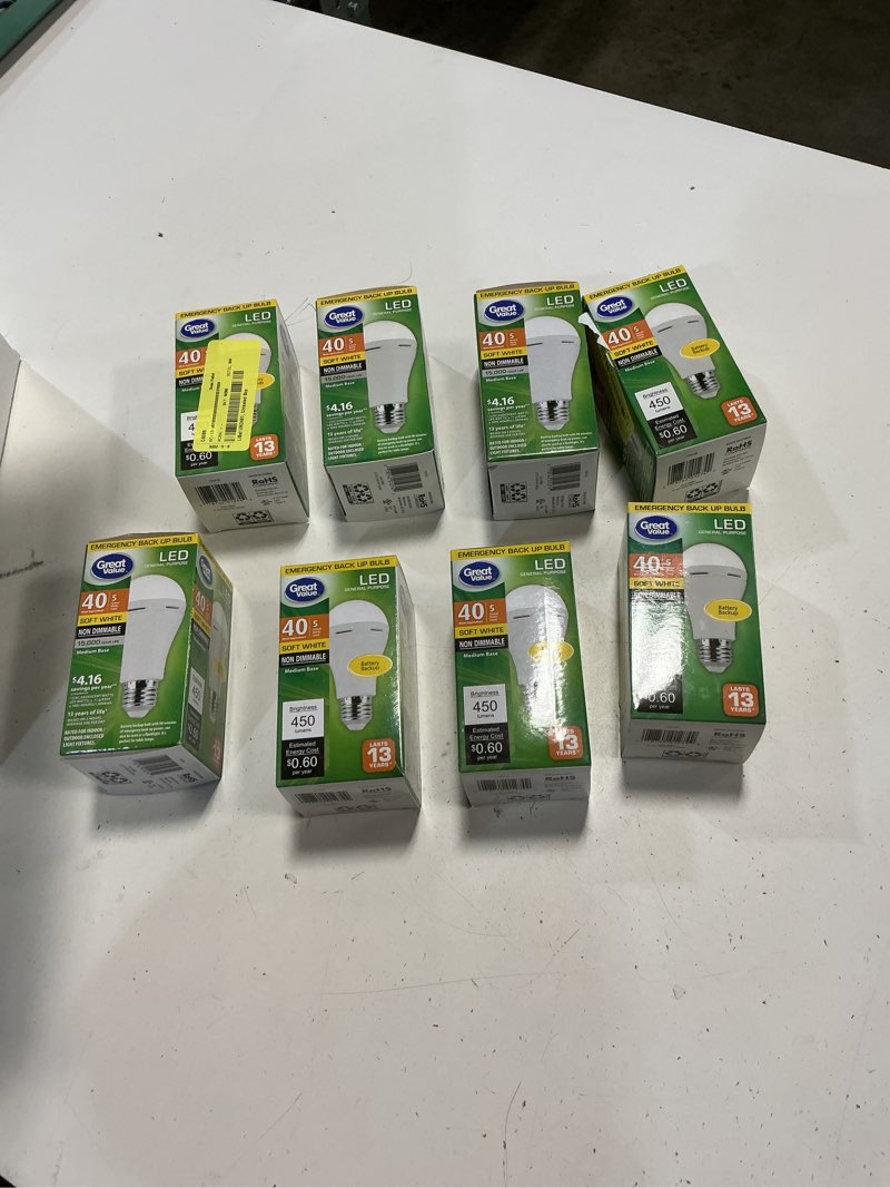 Condition photo showing Good Condition for ( 8 pack) great value led light bulb, 5 watts (40w eqv.) a19 battery backup lamp e26 medium base, non-dimmable, soft white, 8-pack