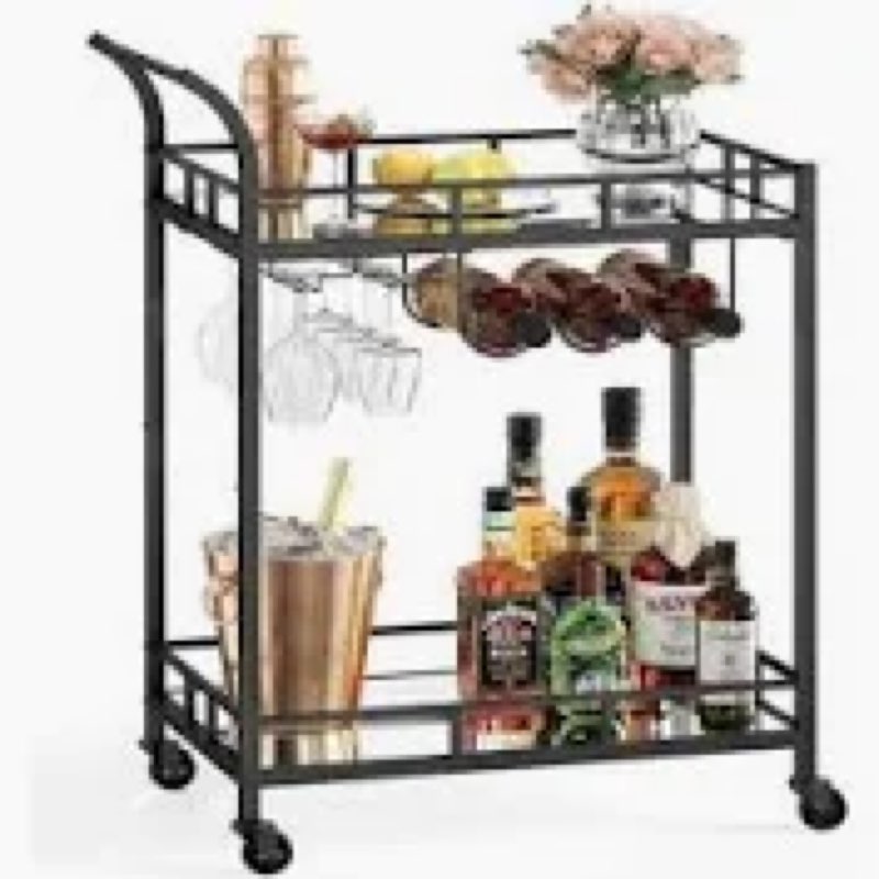 vasagle bar cart black, home bar serving cart, wine cart with 2 mirrored shelves, wine holders, glas