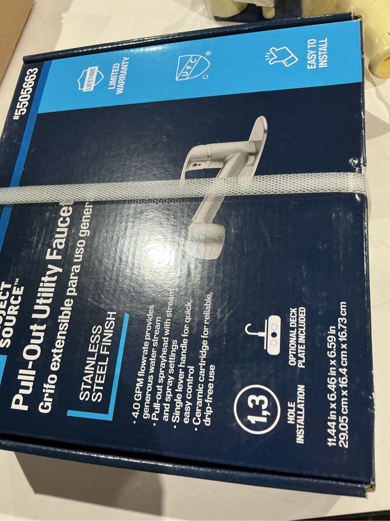 Condition photo showing As Is for project source stainless steel 1-handle deck-mount utility faucet with pulldown sprayer