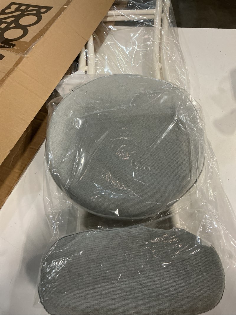 Condition photo showing New/Like New for folding stool - 18.5 inch light weight metal and resilience sponge pad round stool 300lb capacity for dorm, rec room folding stools, with removable cloth cover (grey, with backrest)