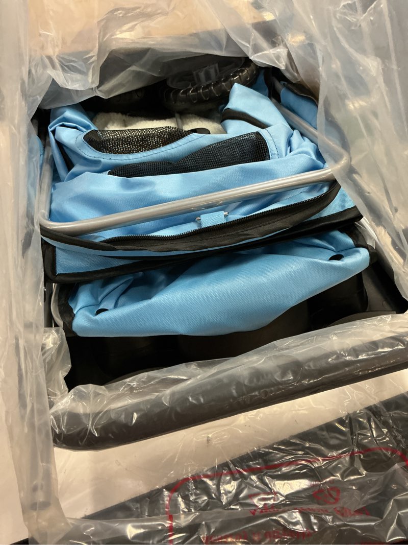 Condition photo showing New/Like New for bestpet | 3-wheel pet stroller | dog and cat stroller | breathable mesh | lightweight travel carrier | waterproof & foldable design | storage basket | black | for daily walks & outdoor use blue