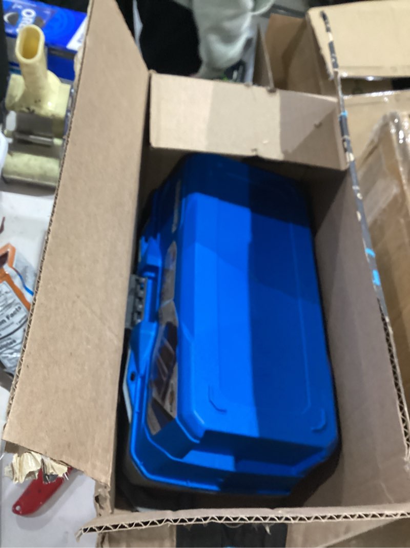 Condition photo showing As Is for Plano Ready-Set-Fish 3-Tray Tackle Box with Tackle, Aqua Blue/Tan, One Size One Size Three-Tray