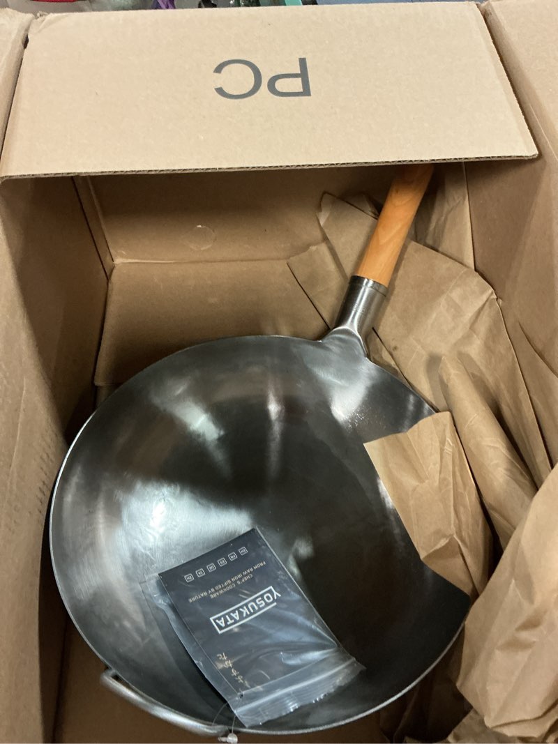 Condition photo showing As Is for YOSUKATA 14” Round Bottom Carbon Steel Woks and Stir Fry Pans – Unseasoned Pow Wok for Stir Fry, BBQ & Camping – Hand-Hammered Traditional Japanese and Chinese Pan – Gas Stove, Open Fire Only 14" Silver