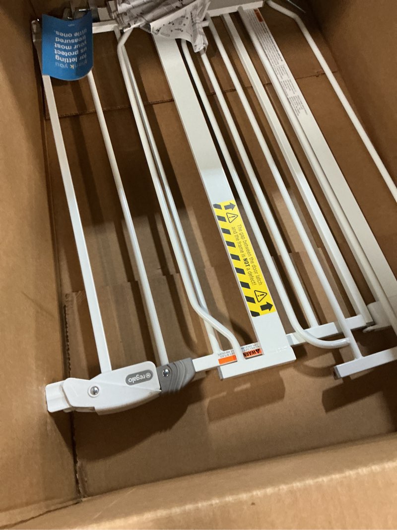 Condition photo showing As Is for regalo safety 38" baby gate for doorways & bottom of stairs, pressure mount design for babies, toddlers & pets, tested & safe for 30 years, american designed, american owned, white white 29-38.5"w x 30"h